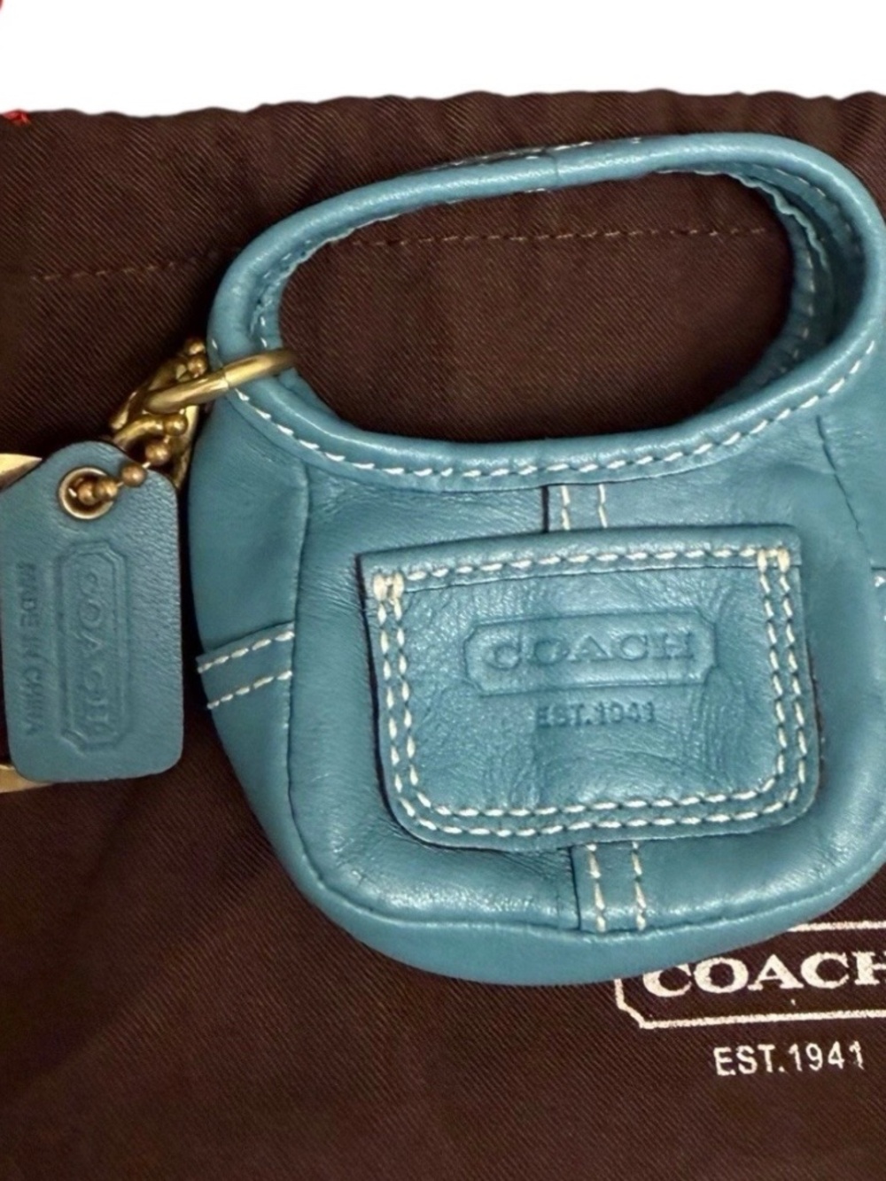 Vintage Coach Ergo Legacy Leather Teal Mini Hobo Bag Charm Keychain Keyring Rare - Picture 3 of 4